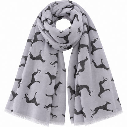 A light grey scarf with an allover black silhouette print of greyhound whippet dogs, shown draped against a plain white background.
