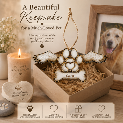 Personalised pet memorial keepsake with angel wings and engraved pet name