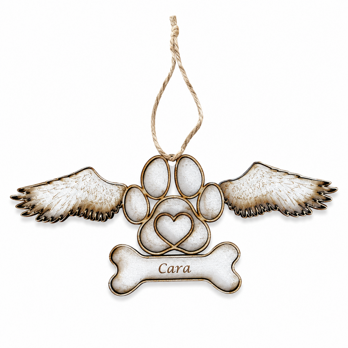 Personalised pet memorial hanging decoration with angel wings and paw print