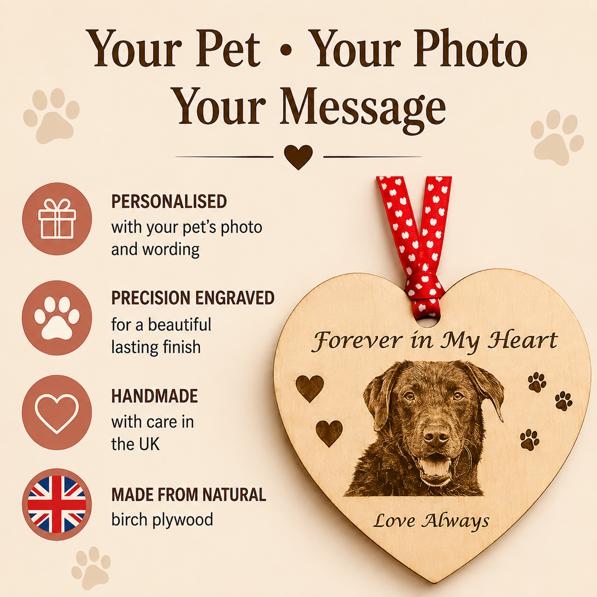 A heart-shaped wooden pet memorial ornament engraved with 'My Best Friend' and the name 'Bertie' alongside a photo of a chocolate Labrador retriever. The ornament hangs from a red ribbon with white polka dots and is displayed on a cream-colored knit blanket with small white flowers in the background.