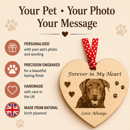 A heart-shaped wooden pet memorial ornament engraved with 'My Best Friend' and the name 'Bertie' alongside a photo of a chocolate Labrador retriever. The ornament hangs from a red ribbon with white polka dots and is displayed on a cream-colored knit blanket with small white flowers in the background.