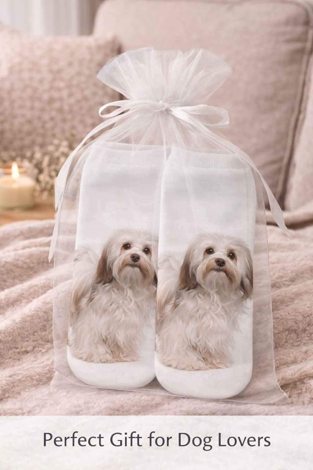 A pair of white socks with printed fluffy Havanese dog portraits, sealed in a sheer white gift bag tied at the top, set on a soft beige blanket with a blurred couch and candle in the background. Text at the bottom reads 'Perfect Gift for Dog Lovers'.