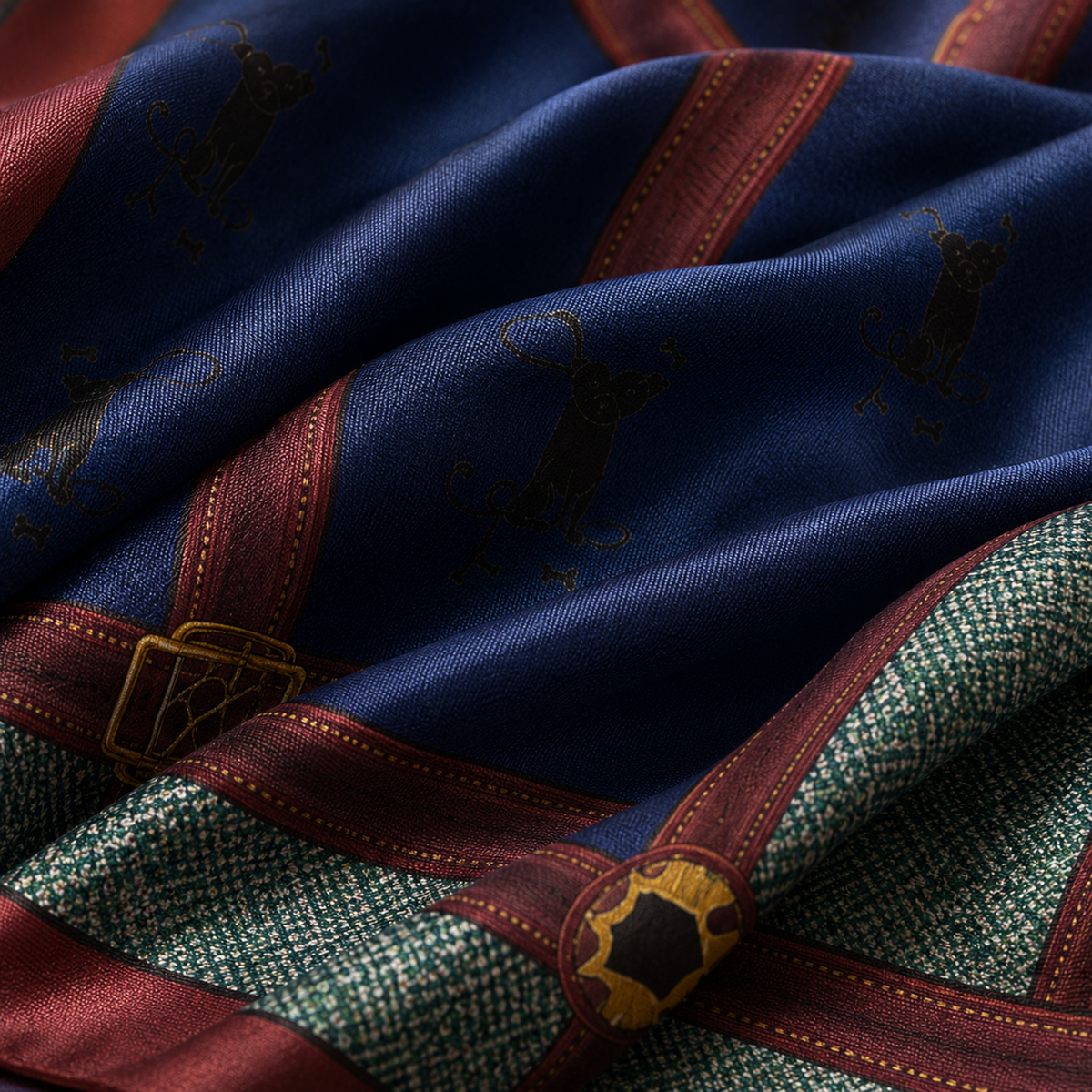 A close-up of a luxury scarf featuring a deep blue silk-like body with embroidered black cat motifs, rich burgundy borders, and a textured green and beige woven pattern with gold accents.
