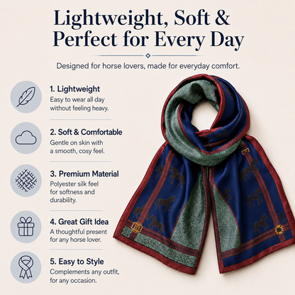 A dark blue and green patterned scarf with red trim is displayed on a beige background with promotional text and feature icons. The text reads 'Lightweight, Soft & Perfect for Every Day' and lists five benefits: lightweight, soft and comfortable, premium material, great gift idea, and easy to style.