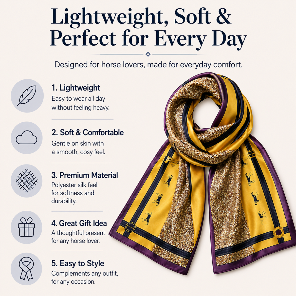 A luxury silk equestrian headscarf with a gold and brown base, textured mustard panels, and burgundy borders, featuring small black monogram motifs and gold-tone hardware.
