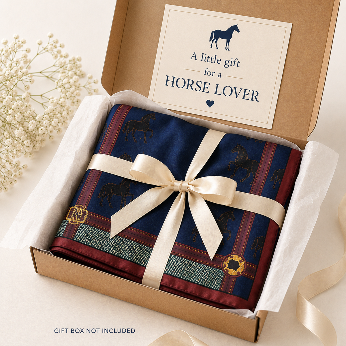 A folded navy blue patterned scarf or fabric gift wrap with horse motifs and a cream ribbon bow, presented inside an open kraft gift box with a printed insert reading 'A little gift for a HORSE LOVER.' Small white flowers sit to the left, and the text 'GIFT BOX NOT INCLUDED' appears at the bottom.