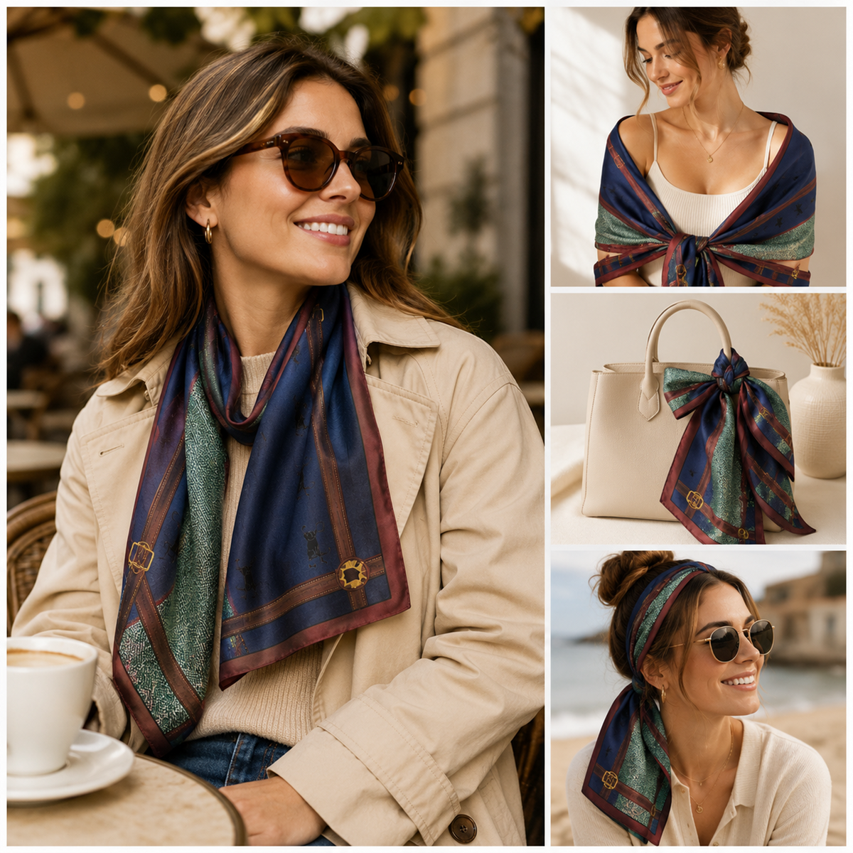 A woman wearing a navy and teal patterned silk scarf styled in multiple lifestyle settings, including outdoors at a cafe, over her shoulders, tied as a handbag bow, and wrapped as a headband. The collage also shows her in a beige trench coat and another view of the scarf draped on a neutral surface.