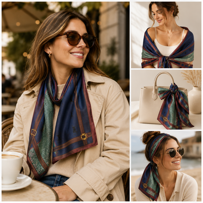 A woman wearing a navy and teal patterned silk scarf styled in multiple lifestyle settings, including outdoors at a cafe, over her shoulders, tied as a handbag bow, and wrapped as a headband. The collage also shows her in a beige trench coat and another view of the scarf draped on a neutral surface.