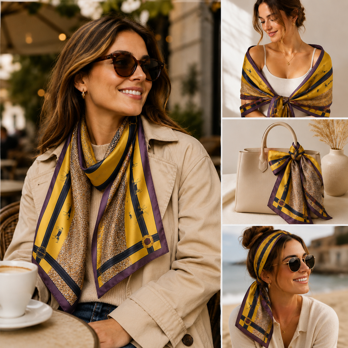 Lifestyle images of a luxury silk equestrian headscarf with a brown base, textured mustard panels, and burgundy borders, featuring small black monogram motifs and gold-tone hardware.