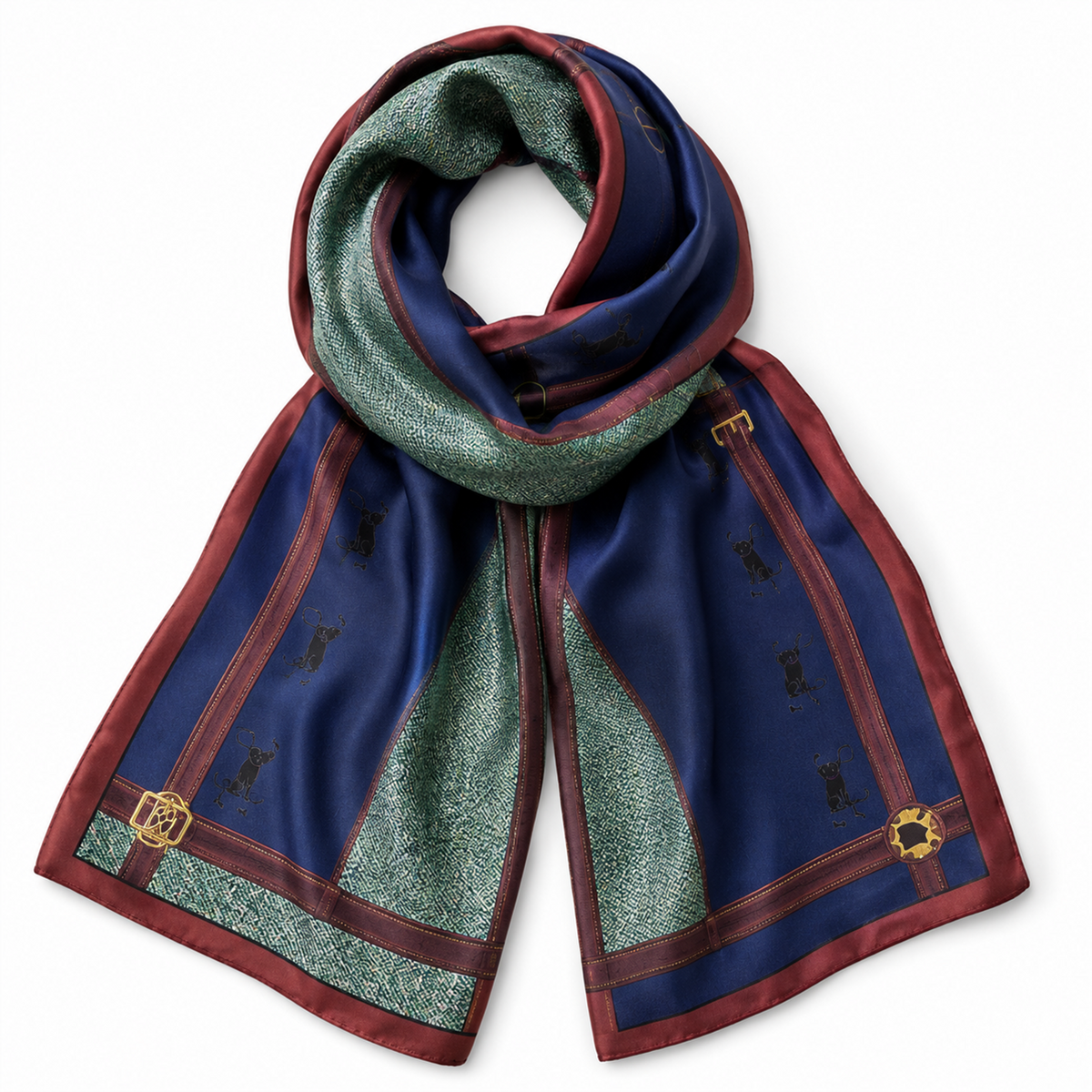 A luxury silk equestrian headscarf with a navy blue base, textured sage green panels, and burgundy borders, featuring small black monogram motifs and gold-tone hardware.