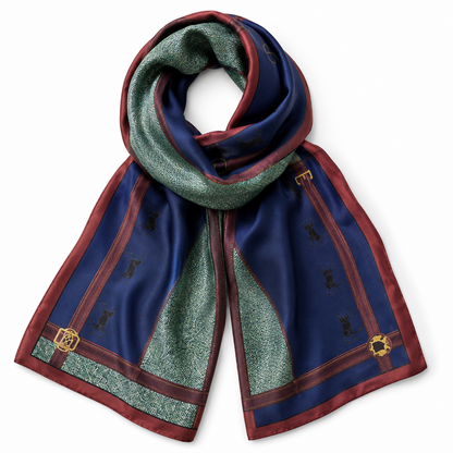 A luxury silk equestrian headscarf with a navy blue base, textured sage green panels, and burgundy borders, featuring small black monogram motifs and gold-tone hardware.