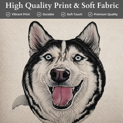 A close-up of a husky dog face on a cushion cover, with a dark banner at the top reading 'High Quality Print & Soft Fabric' and four feature checkmarks.
