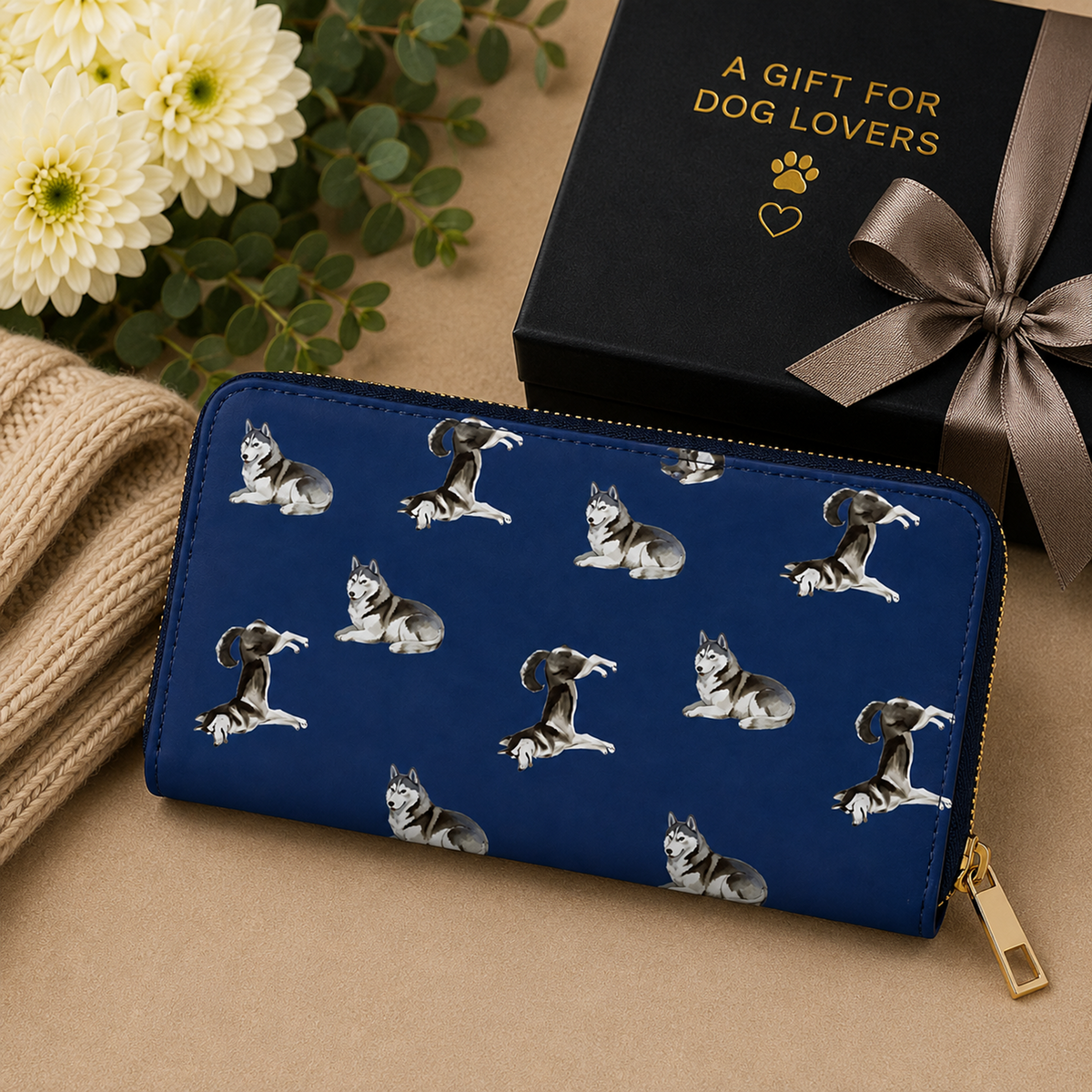 A blue zip-around wallet with a repeating print of husky dogs, styled on a beige surface next to a black gift box with gold lettering that reads 'A GIFT FOR DOG LOVERS' and a brown ribbon.