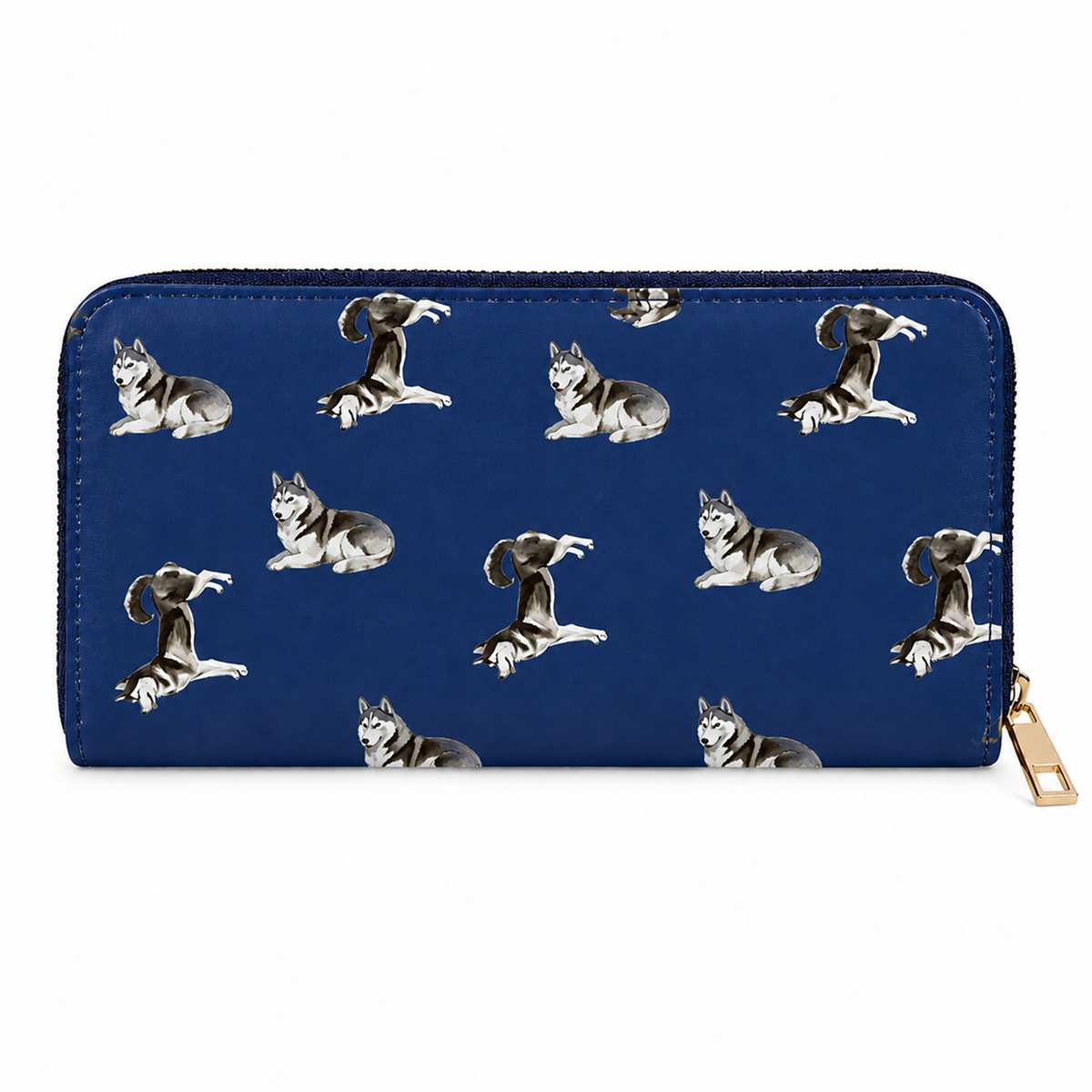 A blue zip-around wallet with a repeating pattern of husky dogs in various poses, shown on a plain white background.