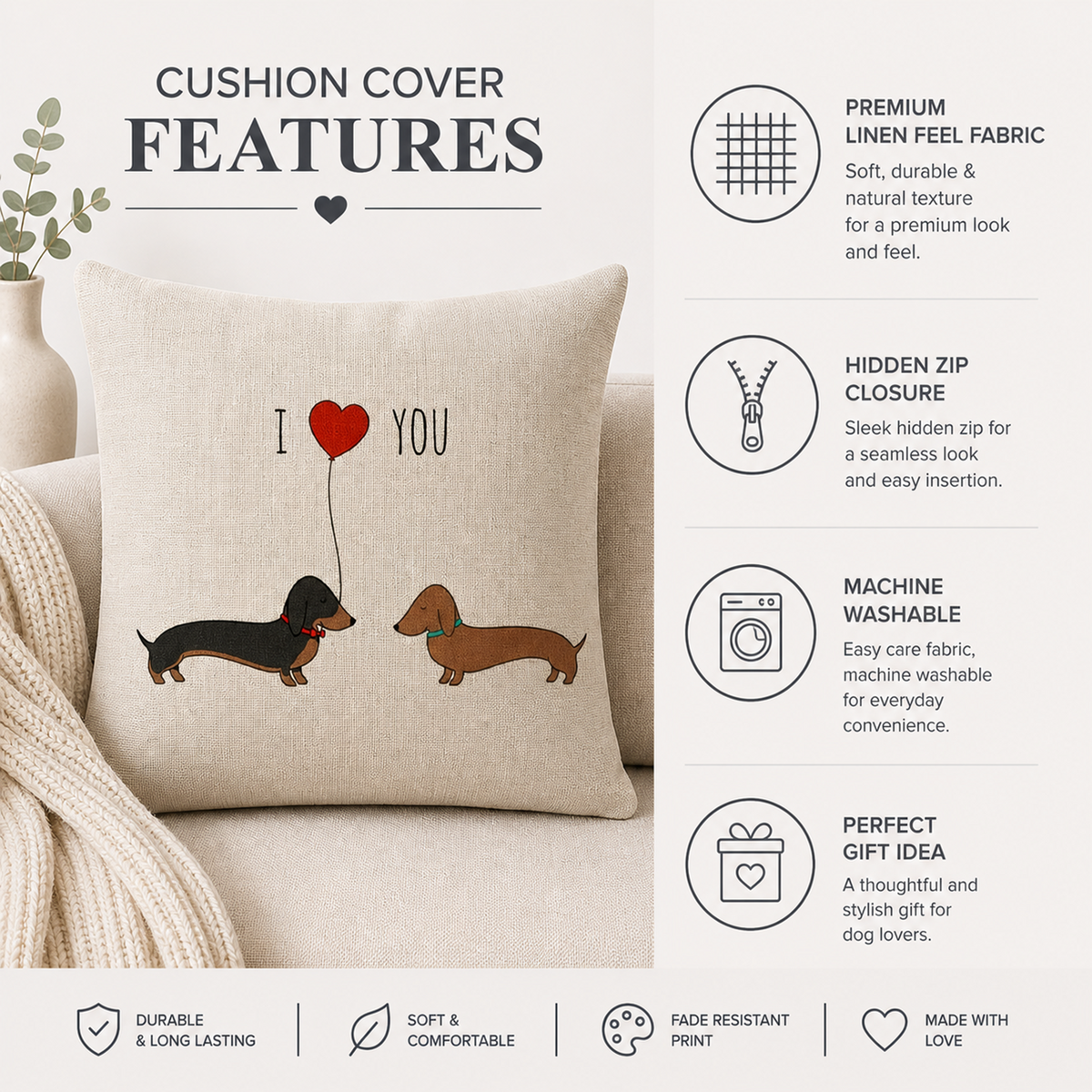 Dachshund dog cushion cover features