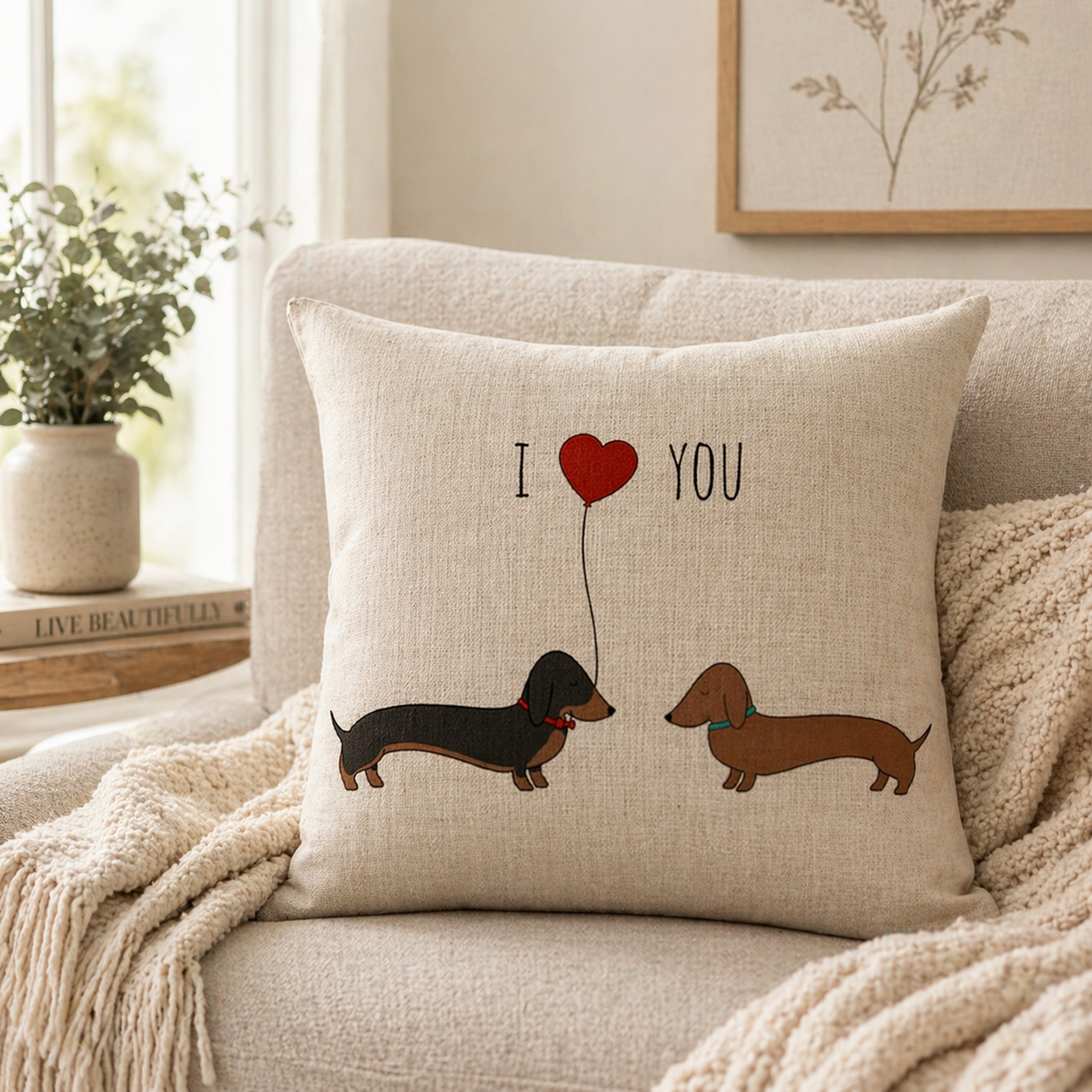 A square beige throw pillow with a linen texture, featuring a cute dachshund illustration and the text 'I Love YOU'. The pillow is styled on a cozy cream sofa next to a knitted blanket, with a potted plant and framed wall art in the background.