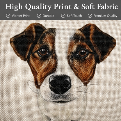 A close-up of a Jack Russell dog printed on soft fabric, showing brown and white fur details on a light beige textile background. A dark grey banner at the top reads 'High Quality Print & Soft Fabric' with quality claim text and checkmarks.