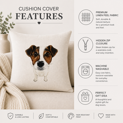 A Jack Russell dog cushion cover displayed on a beige sofa, with text highlighting product features including premium linen fabric, hidden zip closure, machine washability, and fade-resistant print.