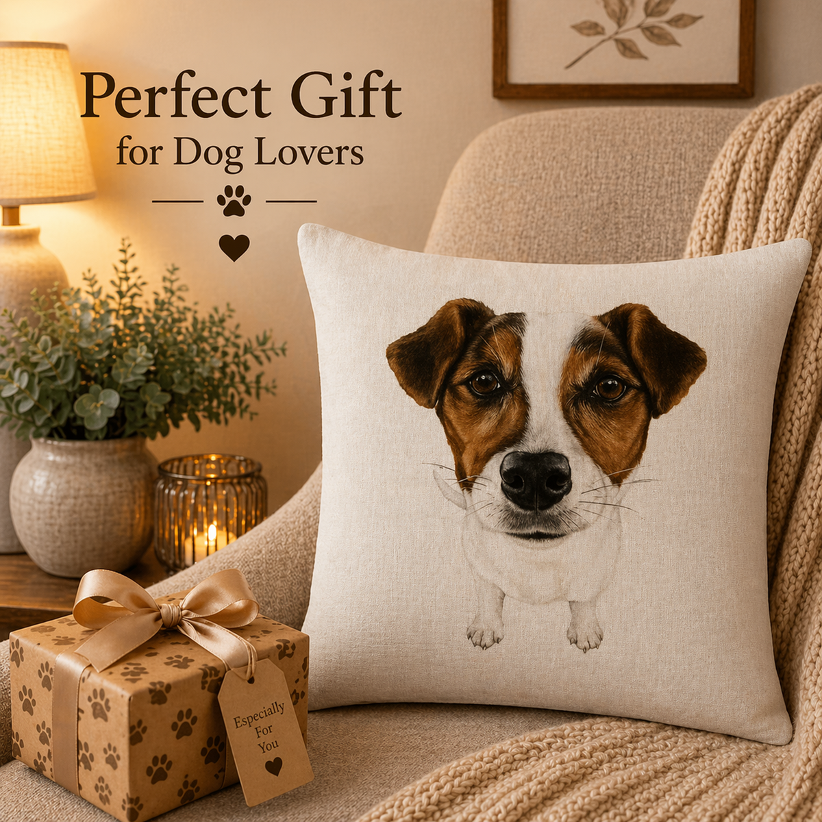A square cushion cover featuring a Jack Russell Terrier dog, styled on a beige armchair next to a wrapped gift box with paw prints and the text 'Perfect Gift for Dog Lovers'.