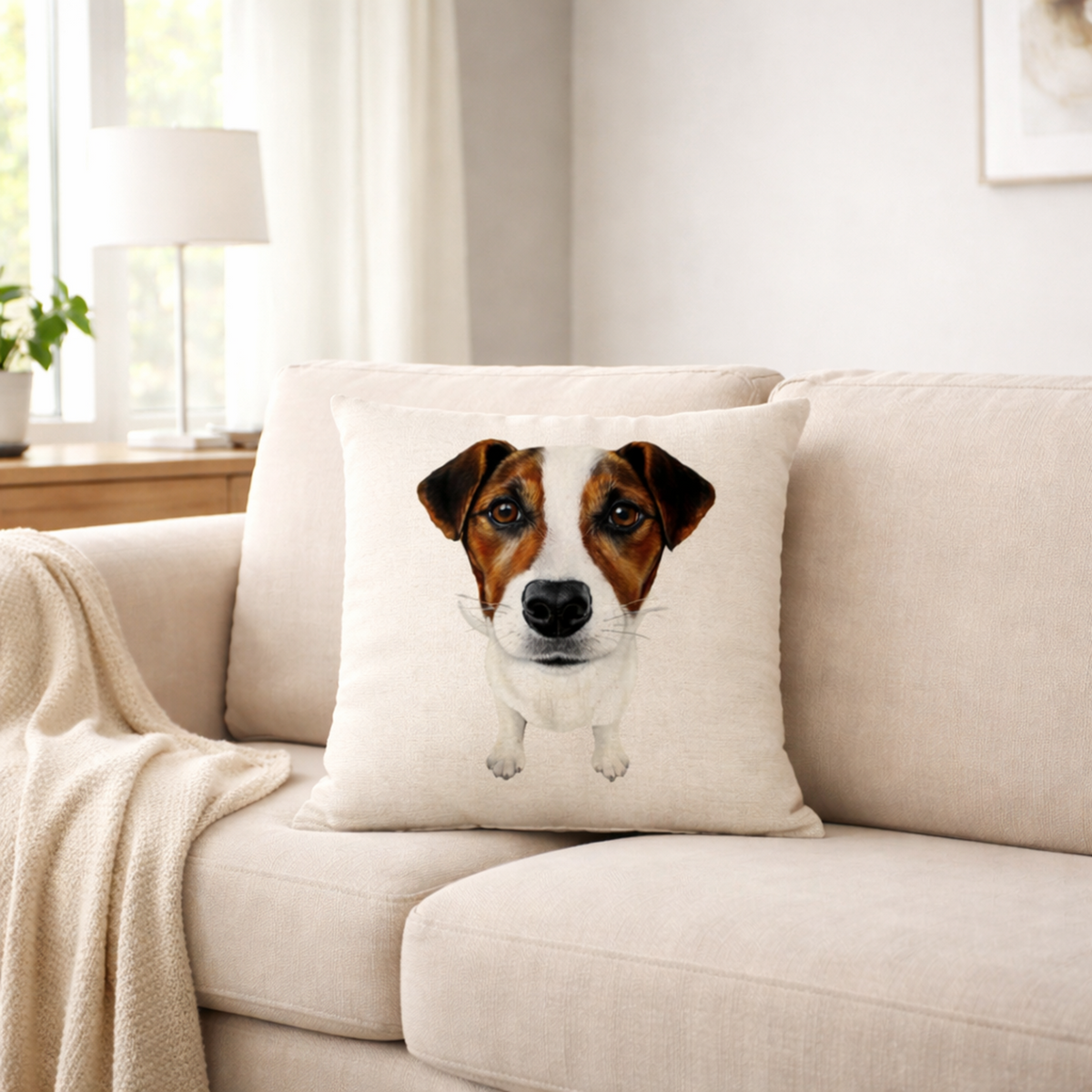 A cushion cover featuring a brown and white Jack Russell dog's face, resting on a light beige sofa in a bright, modern living room.