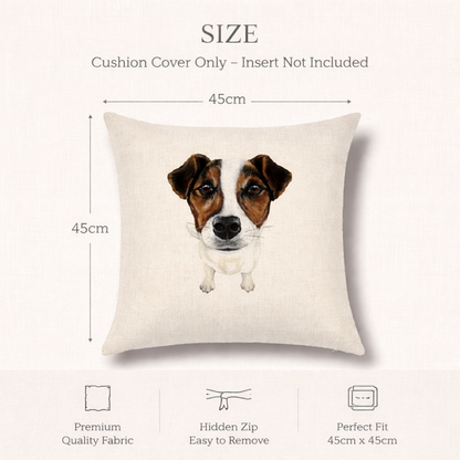 Size diagram of a square cushion cover featuring a watercolour-style Jack Russell dog face on an off-white linen-textured background. The image includes dimension labels showing 45cm by 45cm and text stating 'Cushion Cover Only - Insert Not Included,' plus feature icons for premium quality fabric, hidden zip, and perfect fit.
