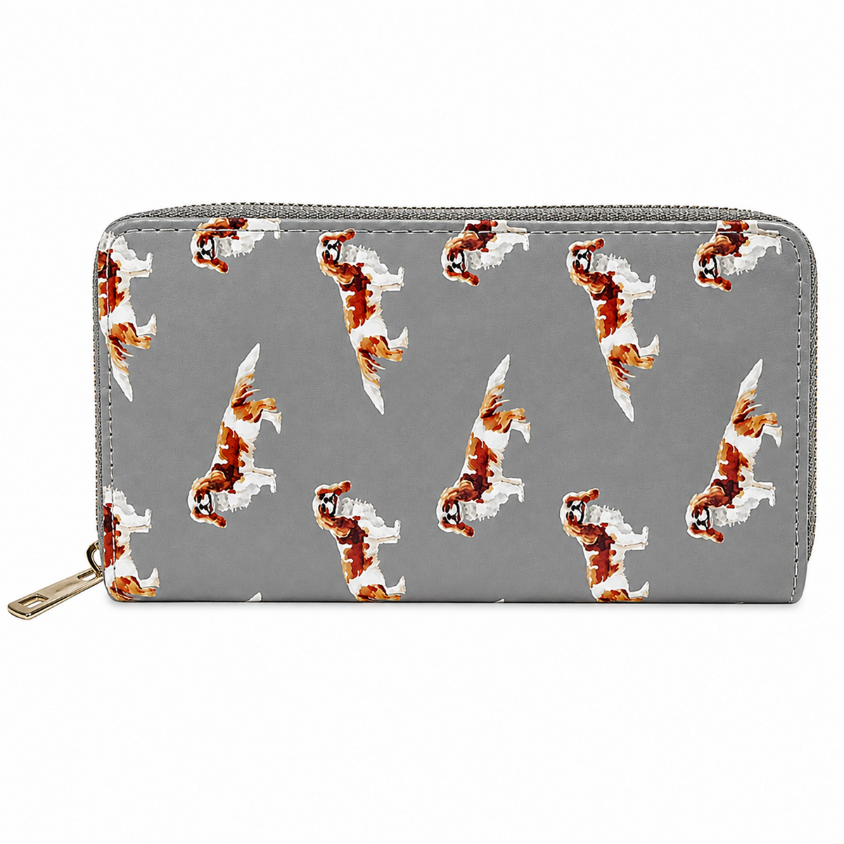 A grey zip-around wallet with a repeating pattern of brown and white King Charles Cavalier Spaniel dog illustrations, shown on a plain white background.