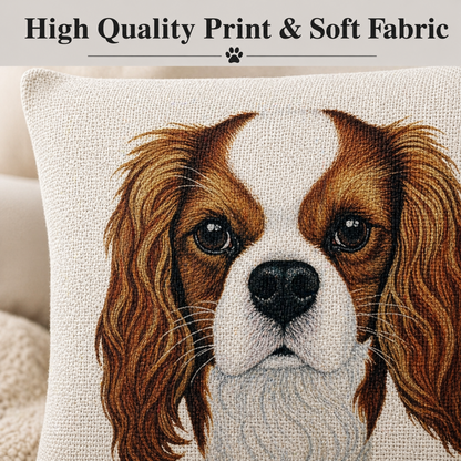 A square throw pillow with a detailed embroidered or woven Cavalier King Charles Spaniel dog face on a textured cream fabric background. The top of the image features a banner with the text 'High Quality Print & Soft Fabric' and a small paw print icon.