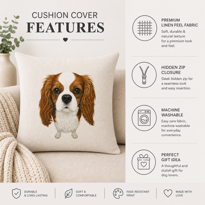 A square cushion cover featuring a printed Cavalier King Charles Spaniel dog face, displayed on a beige sofa next to a throw blanket. The right side of the image contains feature callouts with icons: premium linen feel fabric, hidden zip closure, machine washable, and perfect gift idea.