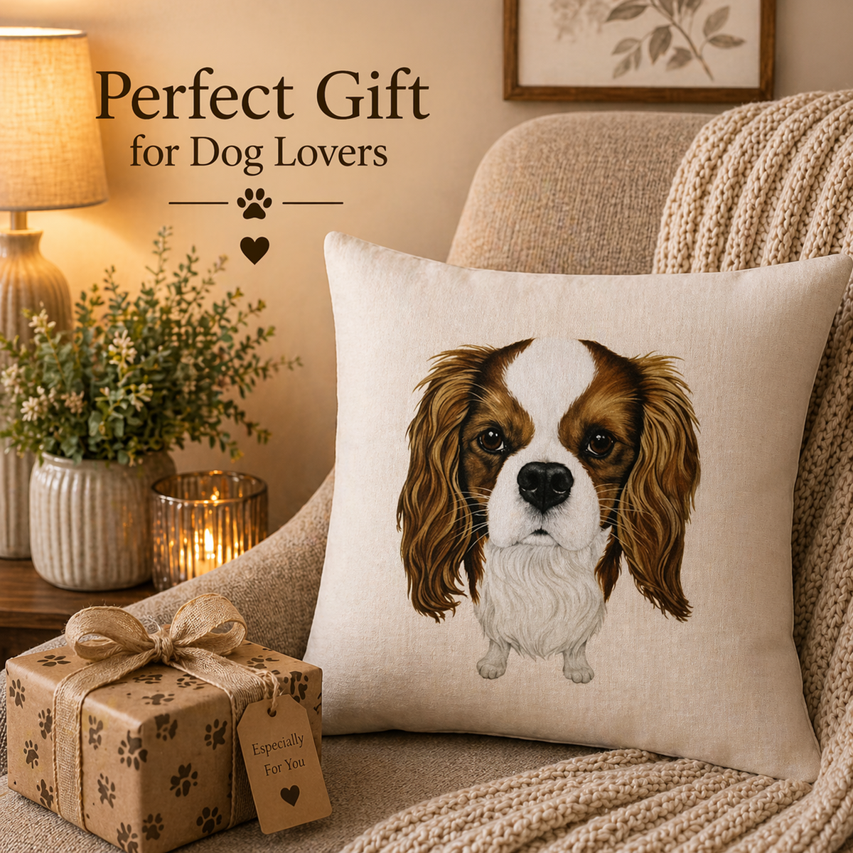 A square cream throw pillow featuring a detailed illustration of a Cavalier King Charles Spaniel dog, styled on a beige armchair in a cosy living room setting next to a wrapped gift box and a lit lamp.