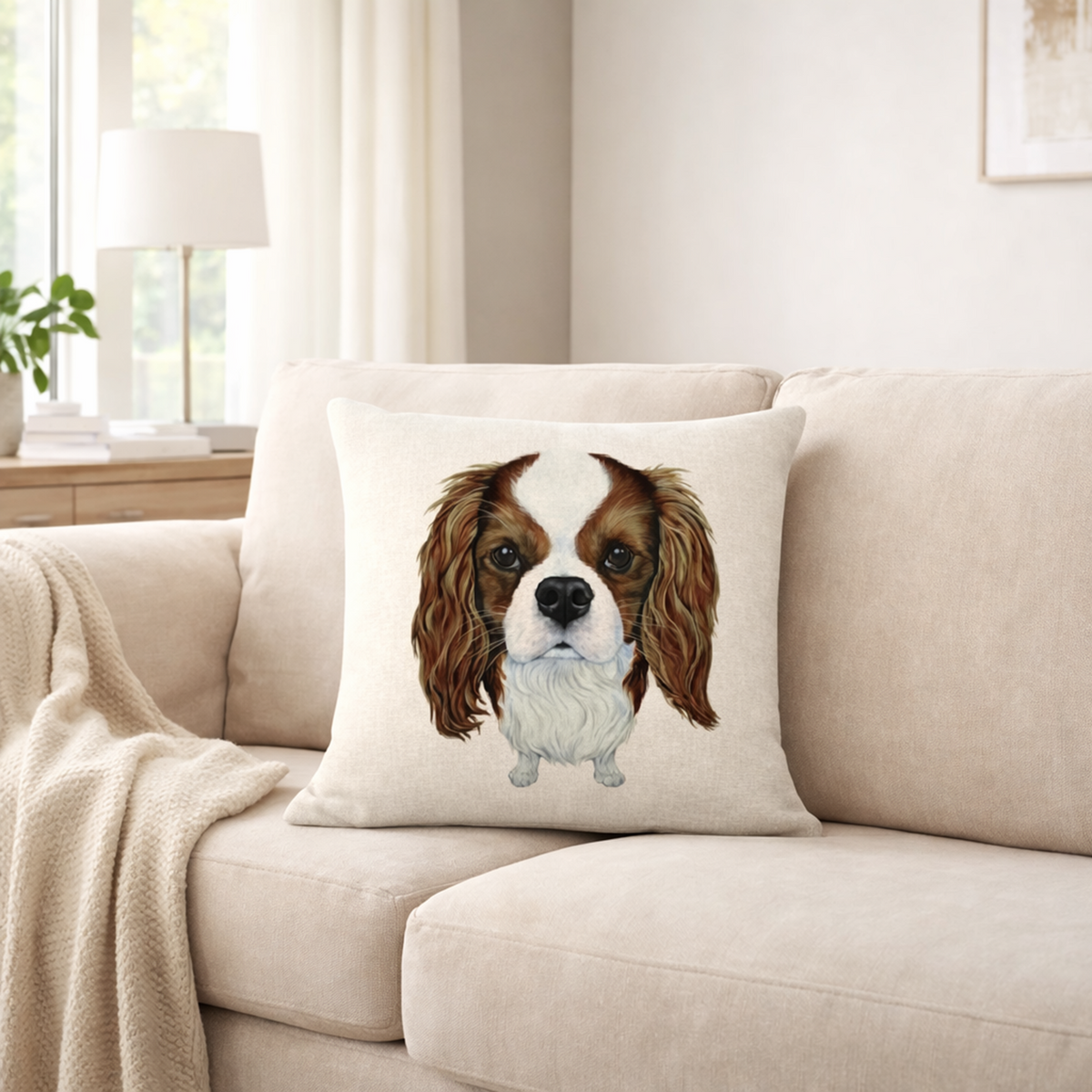 A square throw pillow featuring a printed illustration of a brown and white Cavalier King Charles Spaniel dog, resting on a beige fabric sofa in a bright, modern living room.