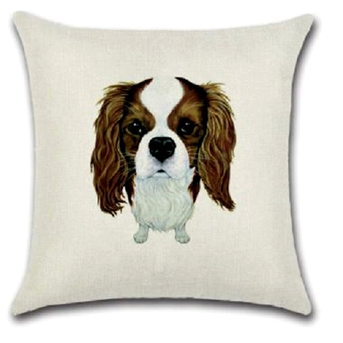 Pillow with a King Charles Cavalier Spaniel dog illustration on a white background.