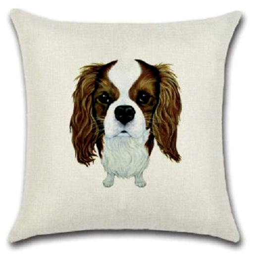 Pillow with a King Charles Cavalier Spaniel dog illustration on a white background.