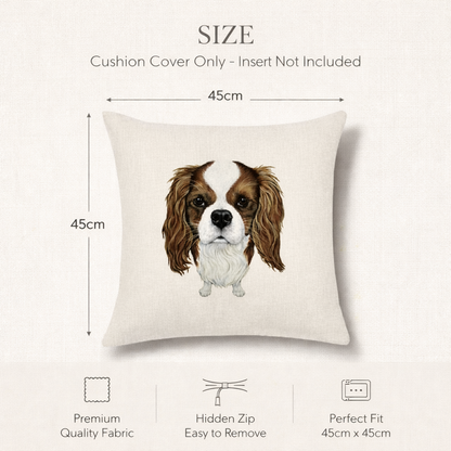 Size diagram of a square cream-colored cushion cover featuring a brown and white Cavalier King Charles Spaniel dog illustration. The image includes text indicating the cushion cover is 45cm by 45cm and lists features like premium quality fabric, a hidden zip, and perfect fit.