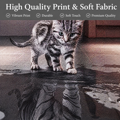 Close-up of a woven fabric print featuring a tabby kitten standing on a wet reflective surface, with a dark banner at the top reading 'High Quality Print & Soft Fabric' and feature callouts.