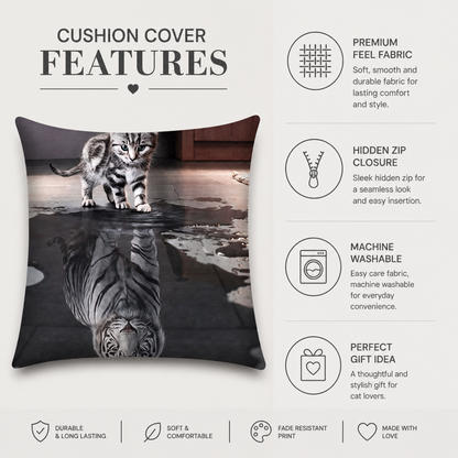 A square cushion cover featuring a printed design of a small gray tabby kitten standing on a wet reflective surface with a tiger reflection below. The image includes marketing text and feature callouts on a light beige background, such as premium feel fabric, hidden zip closure, machine washable, and perfect gift idea.