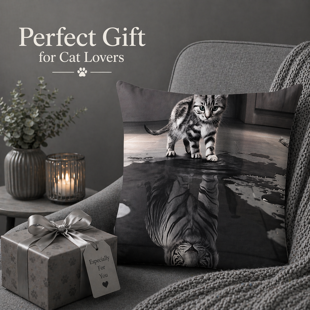 A decorative cushion cover featuring a black-and-white photo of a cat standing on a reflective surface, styled on a grey armchair beside a wrapped gift box and a candle. Text on the image reads 'Perfect Gift for Cat Lovers'.