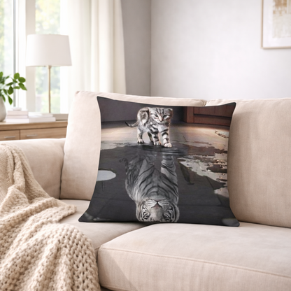 A square throw cushion cover featuring a printed photo of a kitten walking on a glossy floor with its reflection visible, styled on a beige sofa in a bright living room.