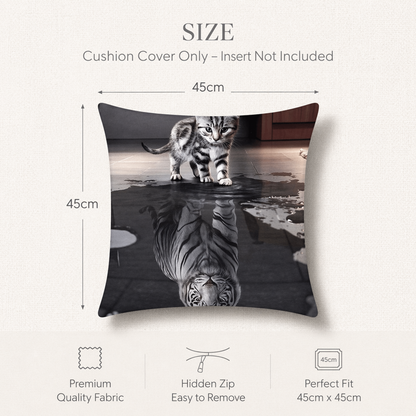 Size diagram for a square cushion cover showing a black-and-white photo of a kitten standing on a reflective surface with its reflection visible. Text reads 'SIZE' and 'Cushion Cover Only - Insert Not Included,' with dimensions marked as 45cm by 45cm.