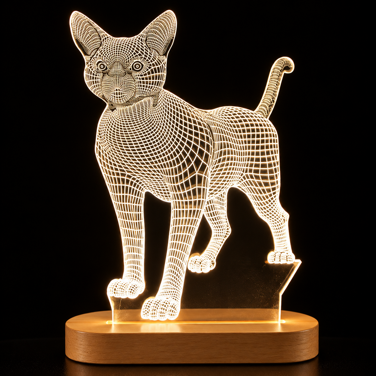 A 3D optical illusion LED lamp shaped like a cat, featuring a glowing white wireframe cat standing on a warm wooden base against a solid black background.