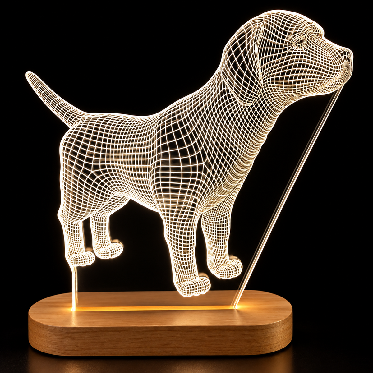 A 3D optical illusion lamp shaped like a dog, featuring a glowing wireframe dog design on a rectangular wooden base against a black background.