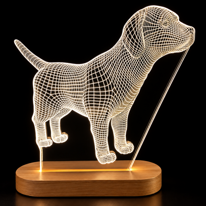 A 3D optical illusion lamp shaped like a dog, featuring a glowing wireframe dog design on a rectangular wooden base against a black background.