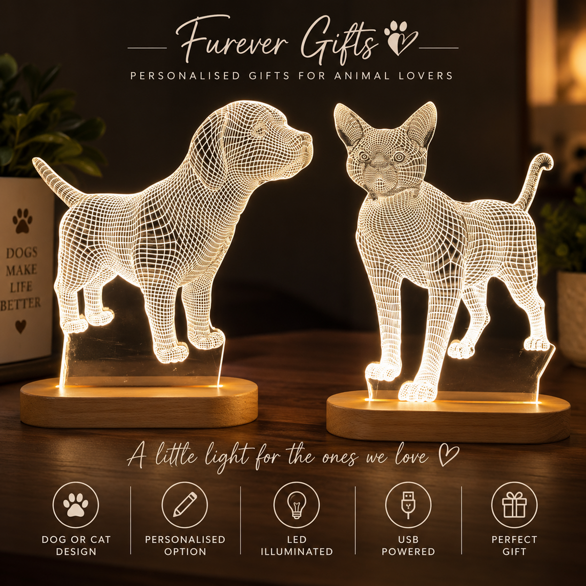 Two illuminated LED dog and cat-shaped night lights on wooden bases, displayed on a dark tabletop with decorative plants and a blurred home background. Text at the top reads 'Forever Gifts' and the bottom shows feature icons for dog/cat design, personalization, LED illumination, USB power, and perfect gift.