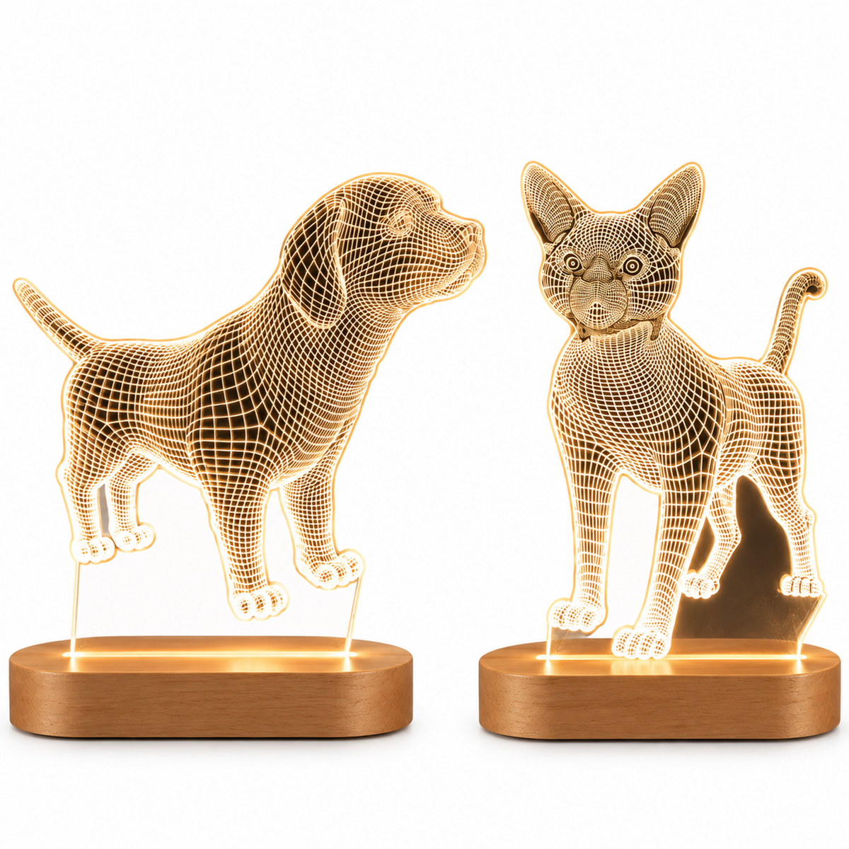 Two 3D optical illusion LED night lights shaped like a dog and a cat, shown side by side on a plain white background. The lamps feature a warm golden wireframe design of the animals standing on rectangular wooden bases that glow with a warm light.