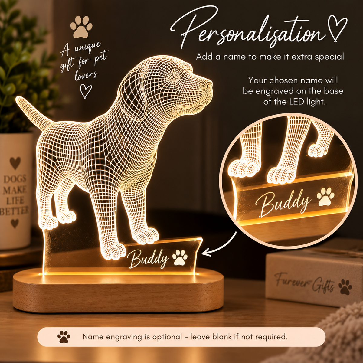 An illuminated 3D LED dog-shaped night light on a wooden base, shown in a cozy indoor setting with promotional text and an inset showing engraved name details.