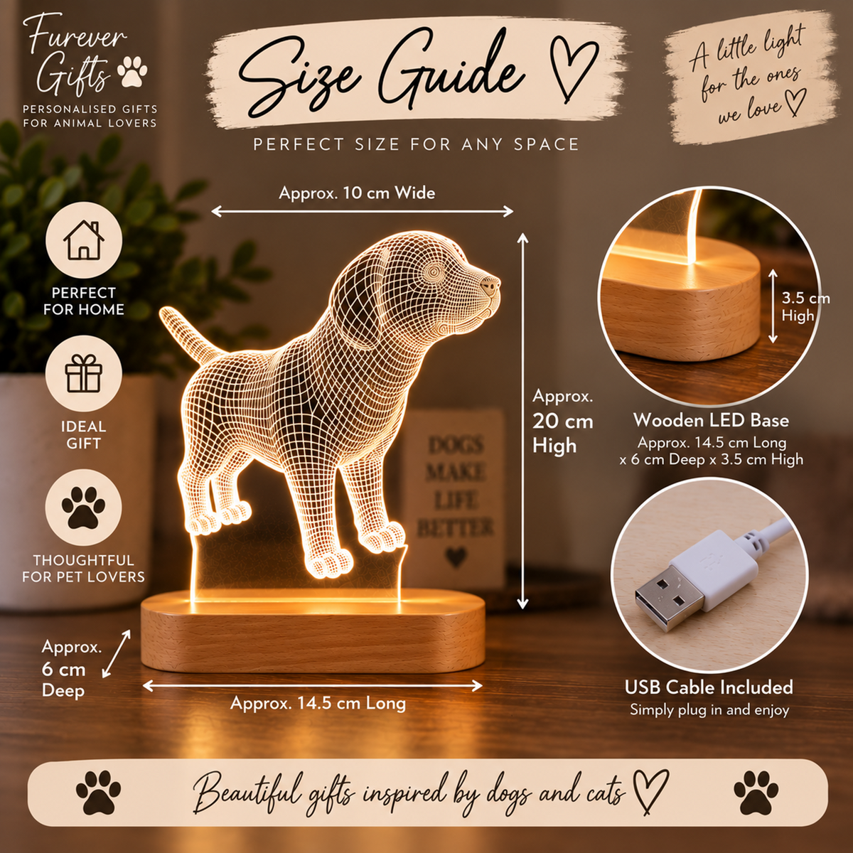 A size guide infographic for a dog-shaped LED night light. The image features a wireframe illustration of a glowing dog on a wooden base, with dimension lines indicating its approximate size (10 cm wide, 20 cm high, 6 cm deep).