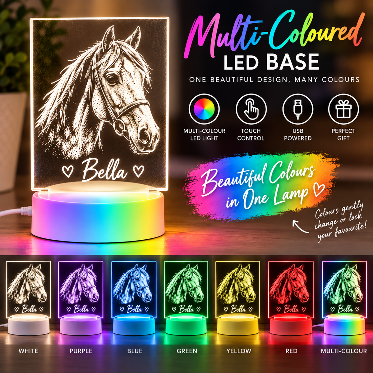 A personalised LED night light shaped like a horse head, shown glowing on a colorful rainbow base. The lamp has the name 'Bella' written at the bottom.