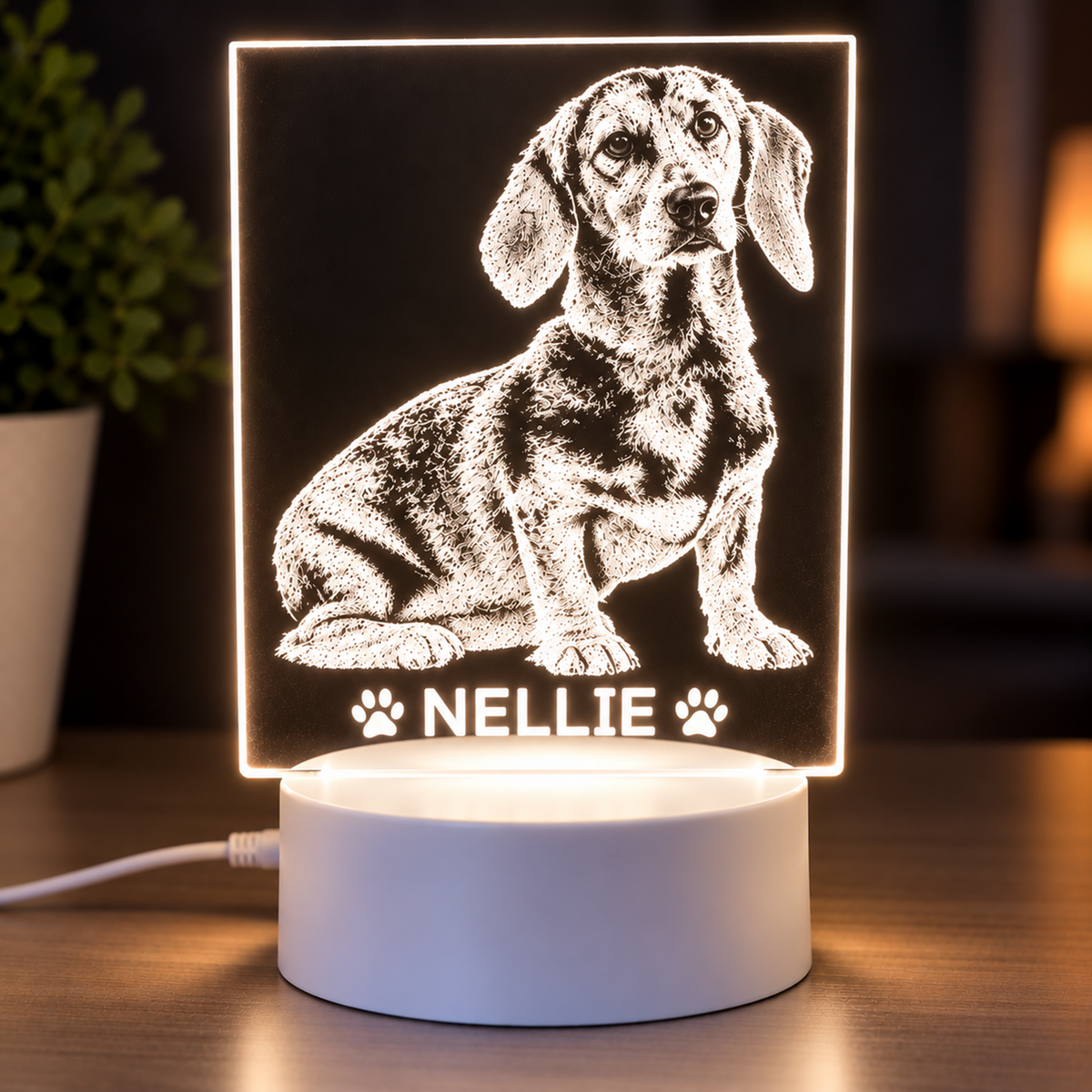 A personalised LED light box on a wooden table, featuring a black acrylic panel with a white laser-engraved dachshund illustration and the name 'NELLIE' with paw prints, illuminated from below by a white cylindrical base.