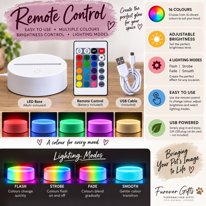 A promotional infographic for a pet remote control, showing the white round LED base, a multi-colored remote control with buttons, a white USB cable, and several colored LED light strips demonstrating different modes. The graphic includes text highlighting features like 16 colors, adjustable brightness, 4 lighting modes, and USB power, with the brand 'Furever Gifts' at the bottom right.
