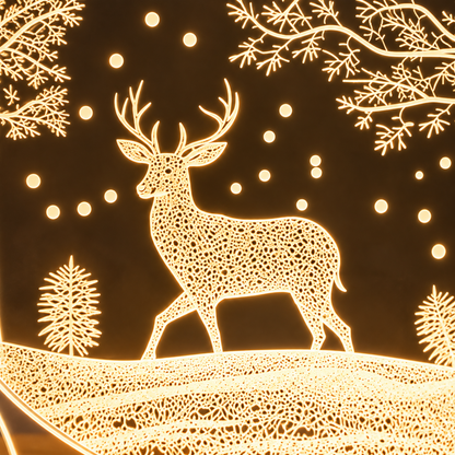 A glowing decorative scene with a deer silhouette outlined in warm light against a dark brown background, with stars, snowy branches, and pine trees.