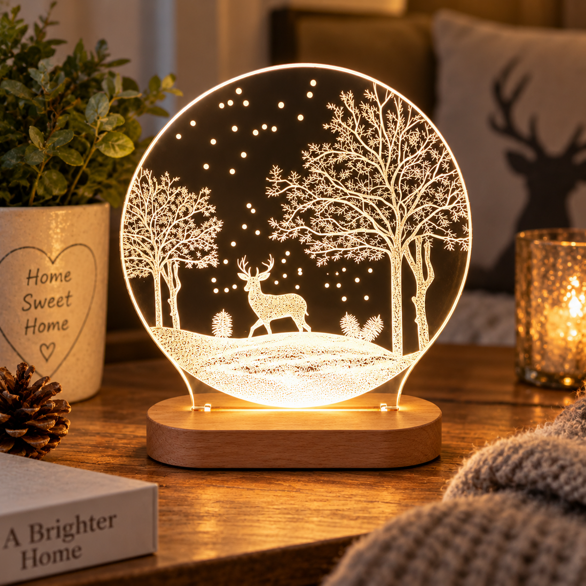 A round LED night light with a laser-cut winter forest scene featuring a deer, trees, and stars, displayed on a wooden base on a cosy tabletop next to a plant and a lit candle.